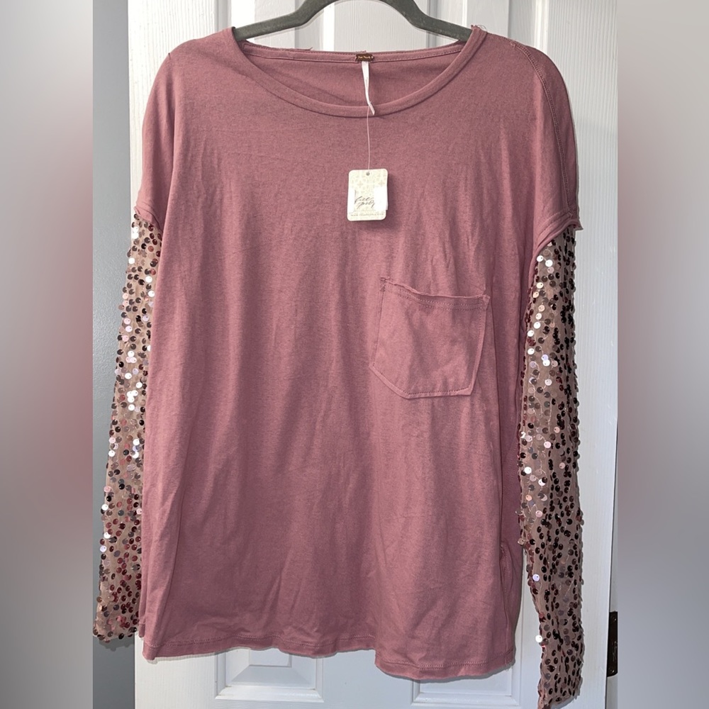 Free People Mauve Sequin Sleeve Long Sleeve Tee - Picture 4 of 6